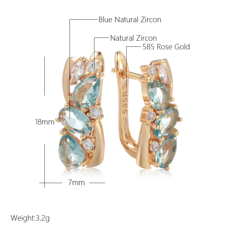 Kinel 새로운 585 로즈 골드 드롭 귀걸이 여성을위한 섬세한 컷 눈부신 블루 자연 지르콘 신부 웨딩 쥬얼리 액세서리