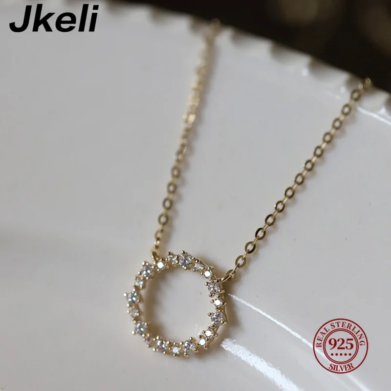 Jkeli -100% S925 스털링 실버 도금 18K 골드 목걸이, 풀 다이아몬드 서클 스타일, 일본 및 한국 K 골드 칼라 체인