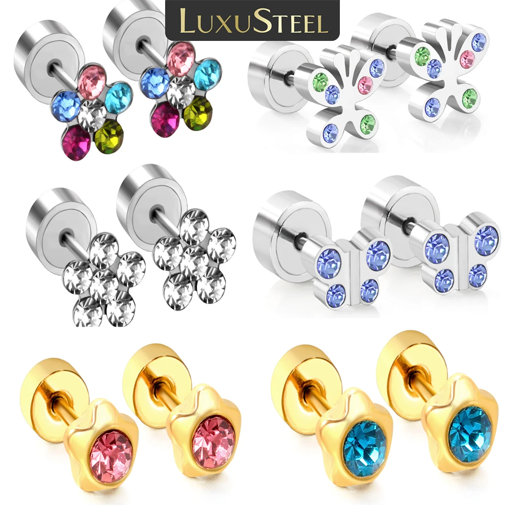 LUXUSTEEL 귀여운 여아용 스터드 귀걸이, 스테인리스 스틸, 다채로운 큐빅 지르콘 꽃, 알레르기 방지, 크리스마스 주얼리 선물 title=LUXUSTEEL 귀여운 여아용 스터드 귀걸이, 스테인리스 스틸, 다채로운 큐빅 지르콘 꽃, 알레르기 방지, 크리스마스 주얼리 선물 