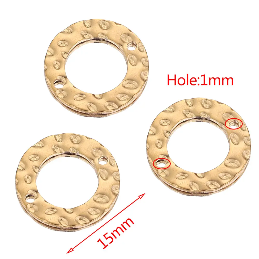 스테인리스강 더블 홀 텍스처 원형 반지, 금도금 참 귀걸이, 주얼리 제작 용품, 도매 커넥터, 20 개