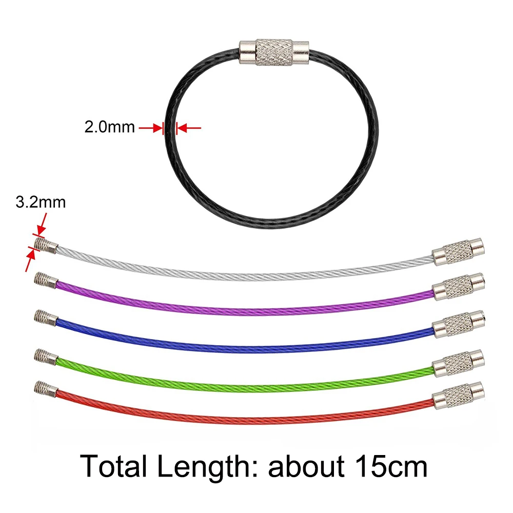 다채로운 스테인레스 스틸 와이어 키 체인 링 키 열쇠 고리 서클 로프 케이블 루프 야외 캠프 수하물 태그 나사 잠금 가제트, 15cm