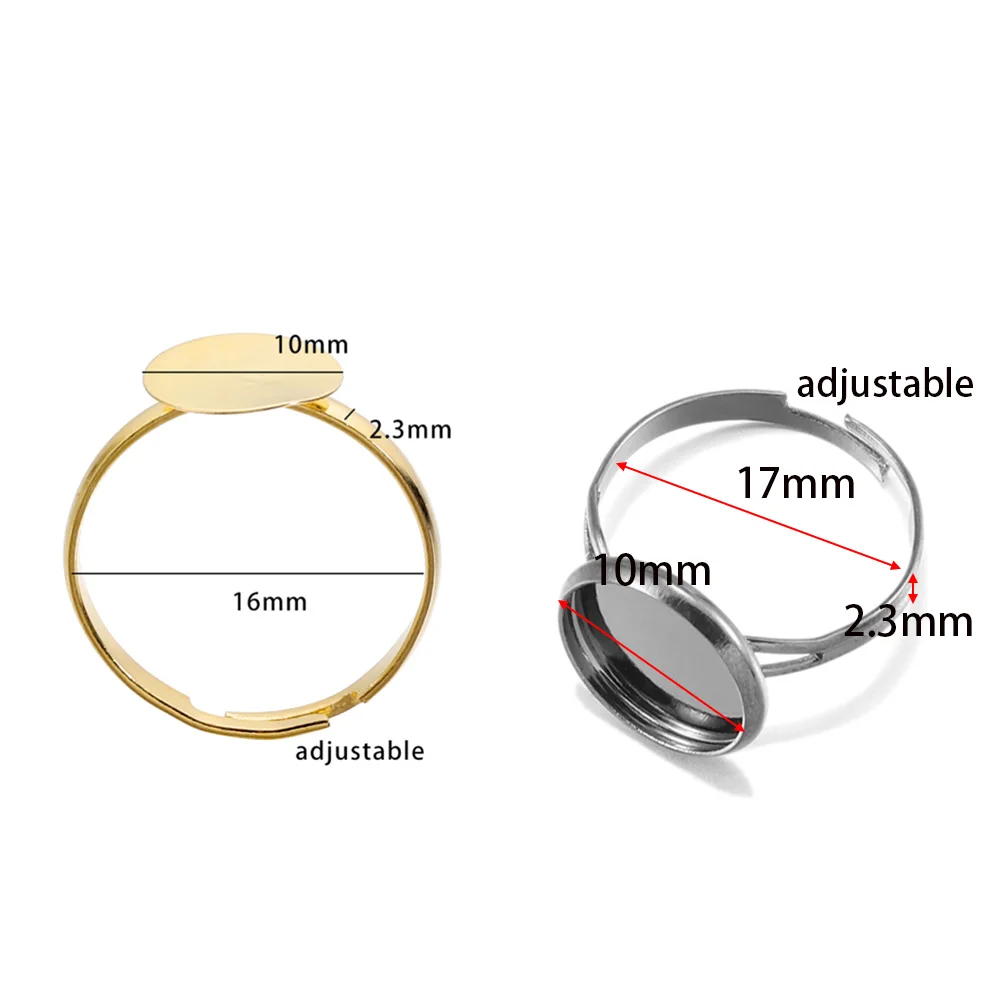 10/20 개 10mm 금속 조정 가능한 빈 링 기본 카보 숑 카메오 설정 트레이, DIY 링 보석 만들기 결과 액세서리