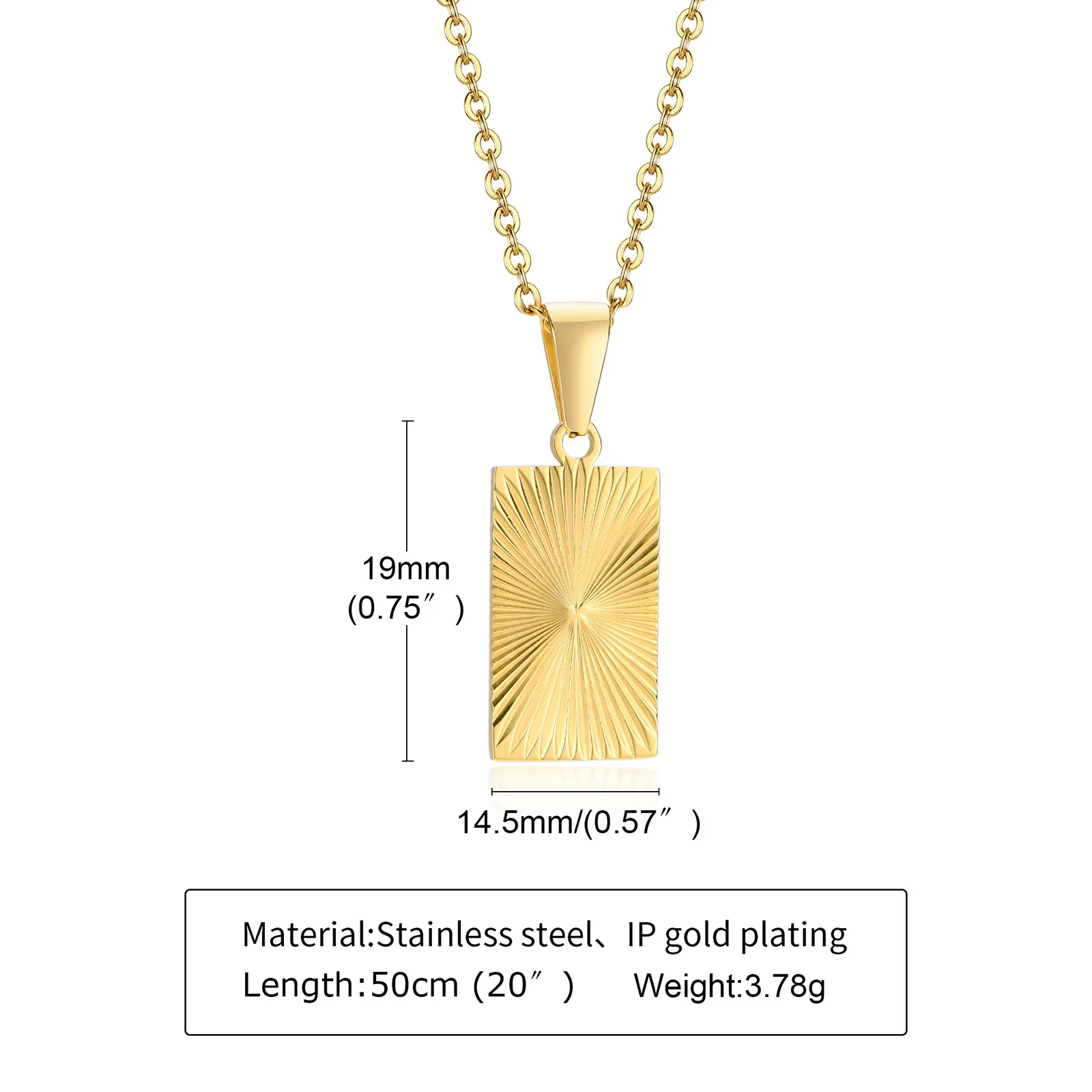 남자 목걸이 골드 도금, 엠보싱 방사선 직사각형 펜던트, 스테인레스 스틸 햇살 매력 목걸이 보석