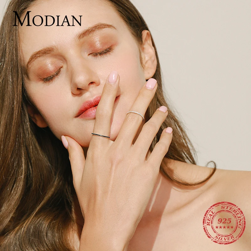 MODIAN 리얼 실버 블랙 지르코니아 Stackable Rings 여성을위한 패션 크리스탈 925 스털링 실버 핑거 링 Party Fine Jewelry