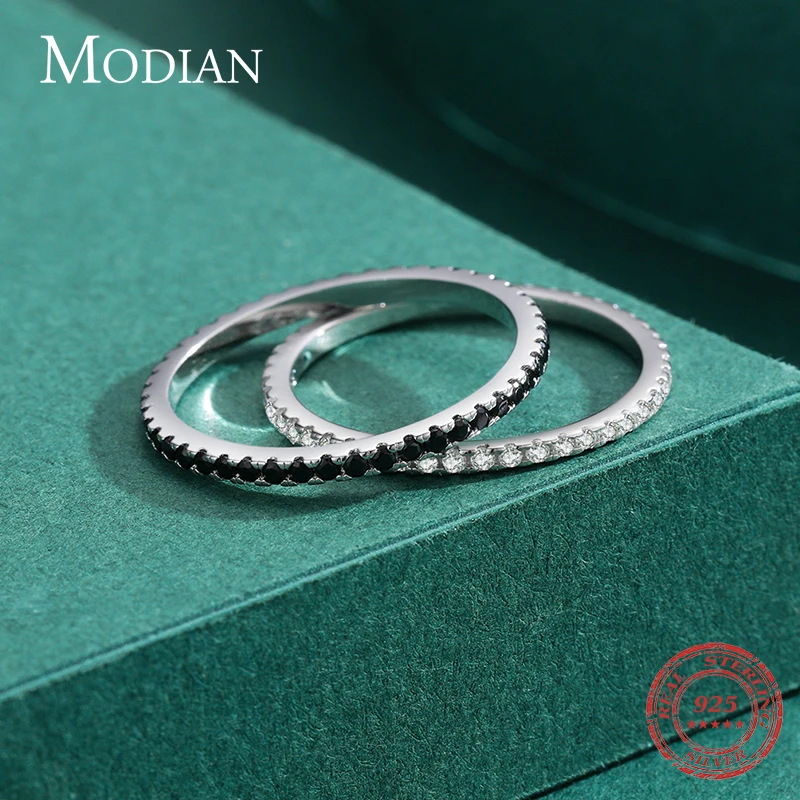 MODIAN 리얼 실버 블랙 지르코니아 Stackable Rings 여성을위한 패션 크리스탈 925 스털링 실버 핑거 링 Party Fine Jewelry