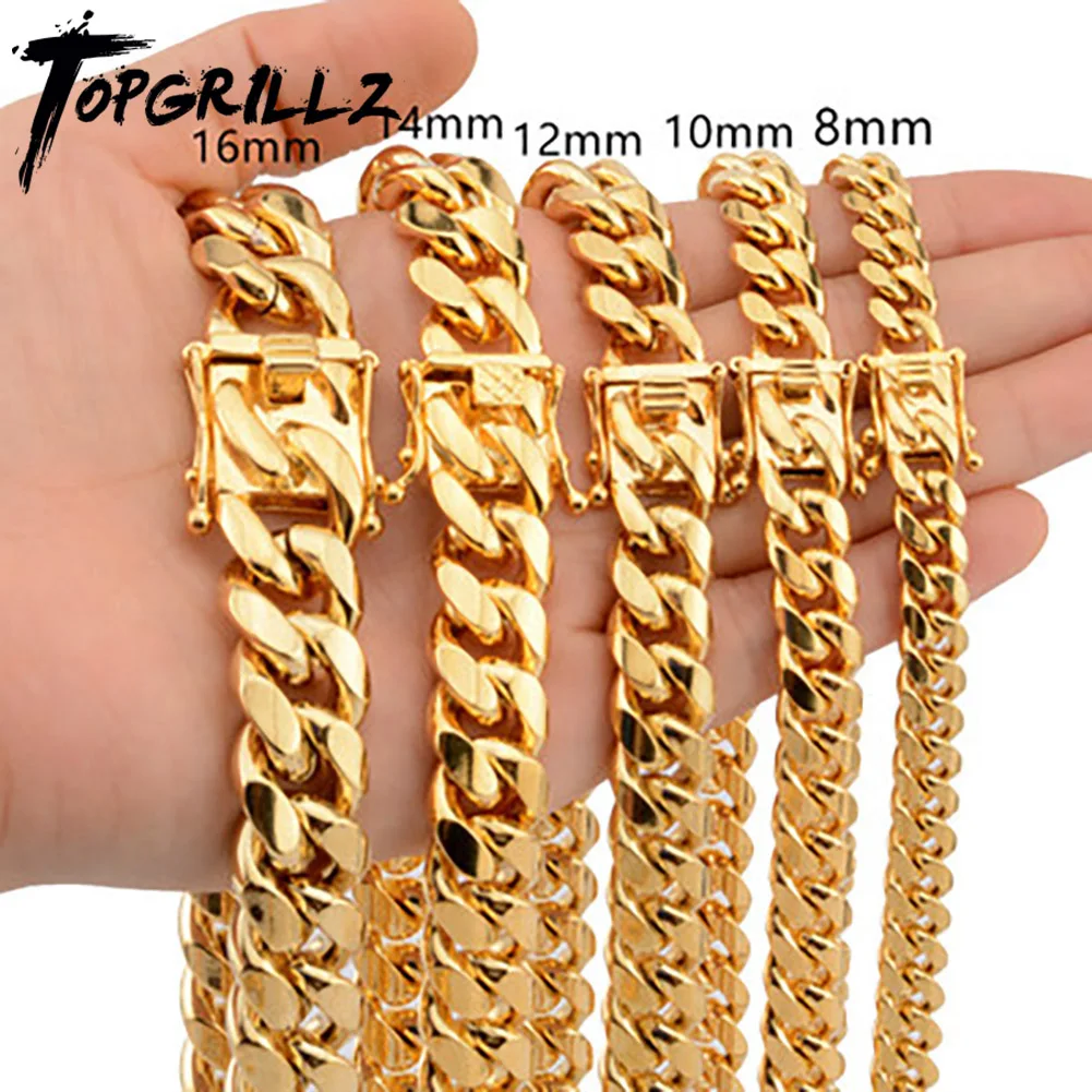 TOPGRILLZ 스테인레스 스틸 골드 컬러 쿠바 체인 수도꼭지 버튼, 힙합 패션 쥬얼리 선물, 6mm, 10mm, 12mm, 14mm, 16mm