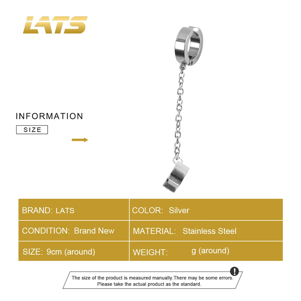 LATS-스테인레스 스틸 무통 귀 클립 귀걸이, 남성 여성 펑크 실버 색상 비 피어싱 가짜 귀걸이 쥬얼리 선물, 1 피스