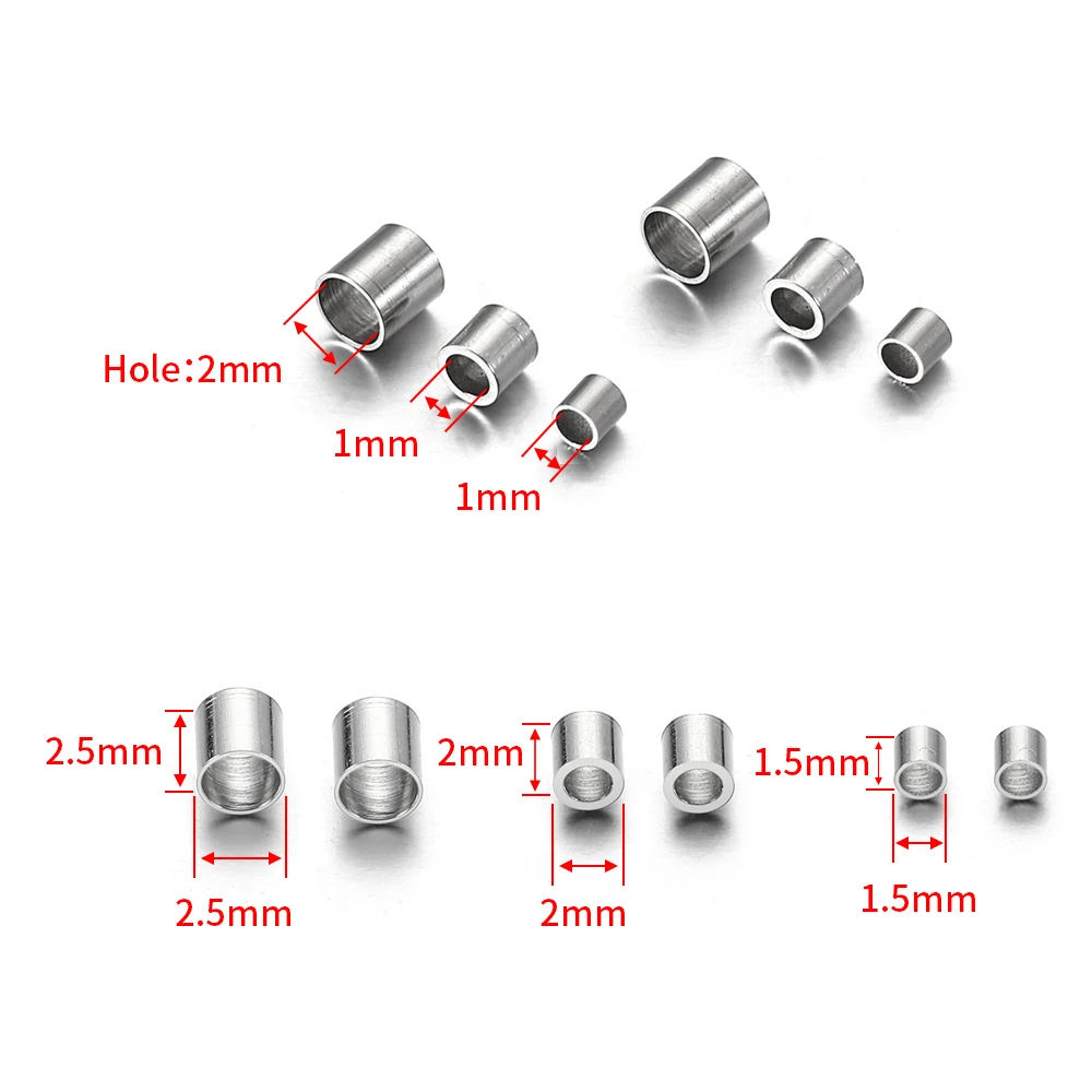 150/lot 1.5 2.0 2.5mm 스테인레스 스틸 튜브 크림프 엔드 비즈 스토퍼 스페이서 비드, DIY 쥬얼리 목걸이 재료 만들기 용품