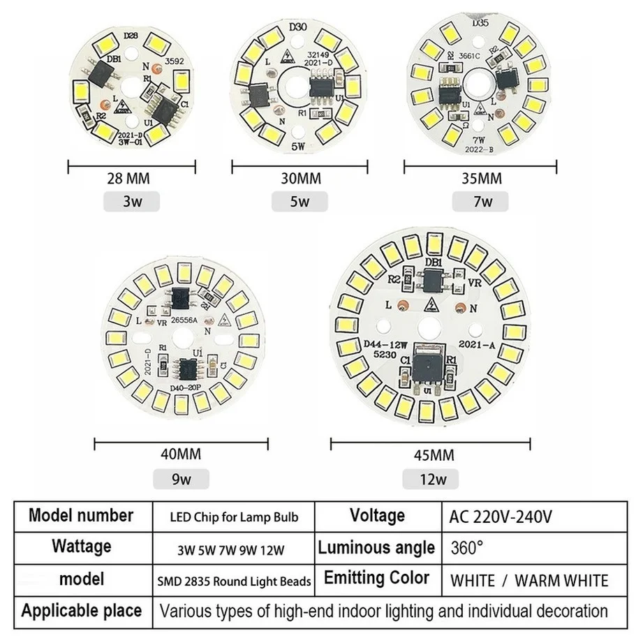 LED 칩 램프 전구 3W 5W 7W 9W 12W SMD 2835 라운드 라이트 비즈 AC 220V-240V 전구 칩 조명 스포트라이트 90 루멘/W