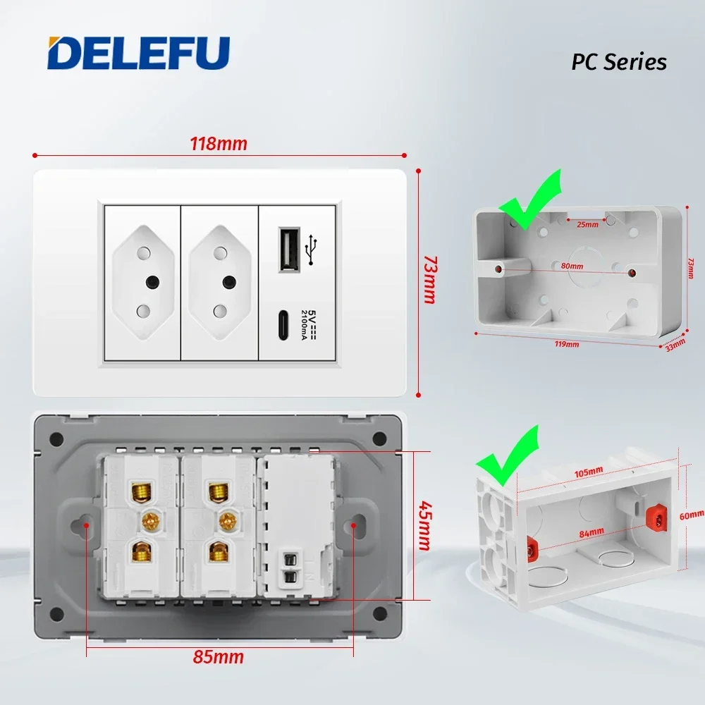 DELEFU 내화성 PC 패널 브라질 표준 콘센트 이중 USB 타입 C 벽 전원 소켓 등 스위치 사무실 118*72mm 흰색 10A 20A