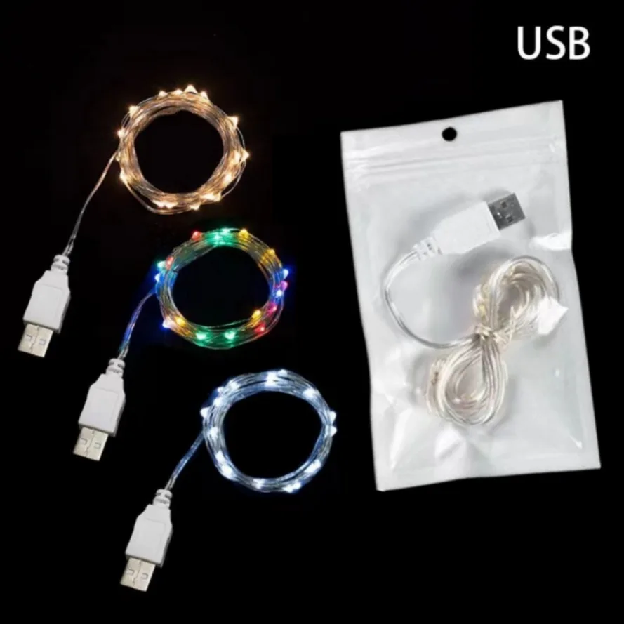 LED USB 스트링 조명, 구리 실버 와이어 화환 조명, 방수 요정 조명, 크리스마스 웨딩 파티 장식, 1m, 10m, 20m