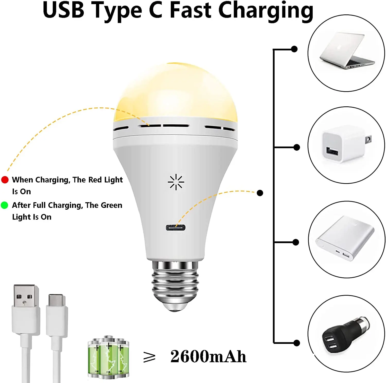 USB-C 충전식 전구, 원격 제어, 스마트 배터리, 전구 터치 제어, 타이밍 조절 가능 LED 전구, 5V, 7W, E27