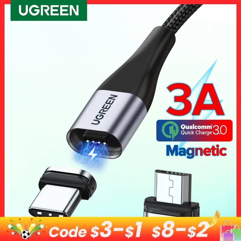 UGREEN-마그네틱 USB 충전 케이블 C 타입 마이크로 USB 전화 케이블 샤오미 3A 휴대폰 와이어 코드, 자석 충전기 마이크로 USB Xiaomi 3A title=UGREEN-마그네틱 USB 충전 케이블 C 타입 마이크로 USB 전화 케이블 샤오미 3A 휴대폰 와이어 코드, 자석 충전기 마이크로 USB Xiaomi 3A 