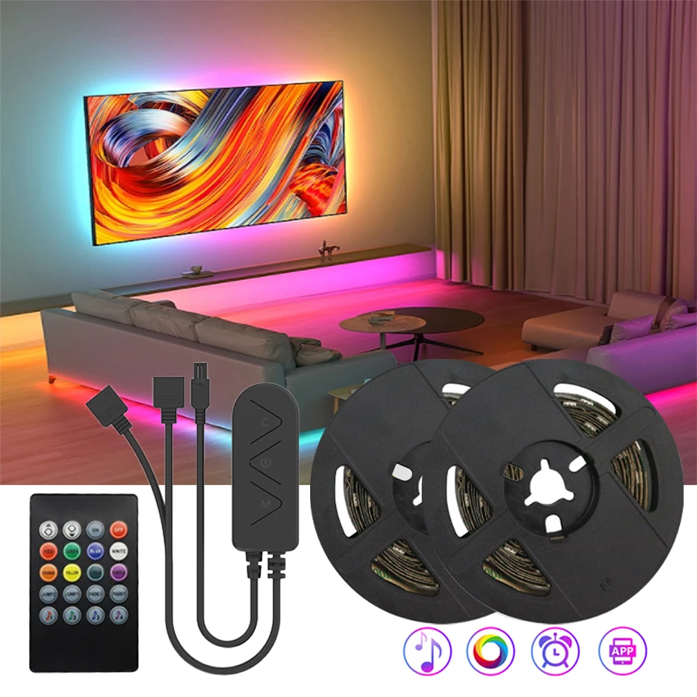 Wiscolor DC 12V LED 스트립 조명  RGB 5050 뮤직 싱크  색상 변경 감지 앱 제어 테이프 조명 유연한 게이밍 데스크 조명 TV 백라이트 LED 조명