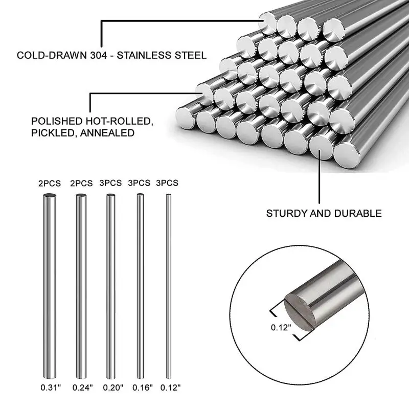 스테인리스 스틸 솔리드 라운드 로드 선반 바 스톡 모음, DIY 공예 도구, 직경 2mm 2.5mm 3mm 4mm 5mm 6mm 8mm 10mm 14mm, 1 5 개