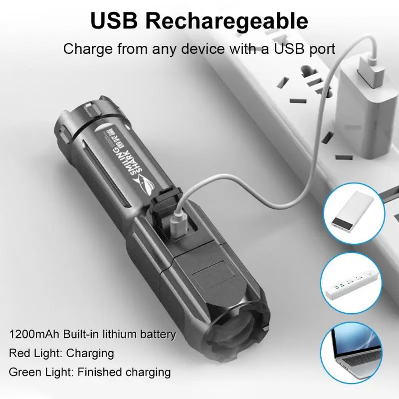 강력한 LED 손전등 충전식 USB 18650 방수 줌 낚시 사냥 100000 루멘 전술 손전등