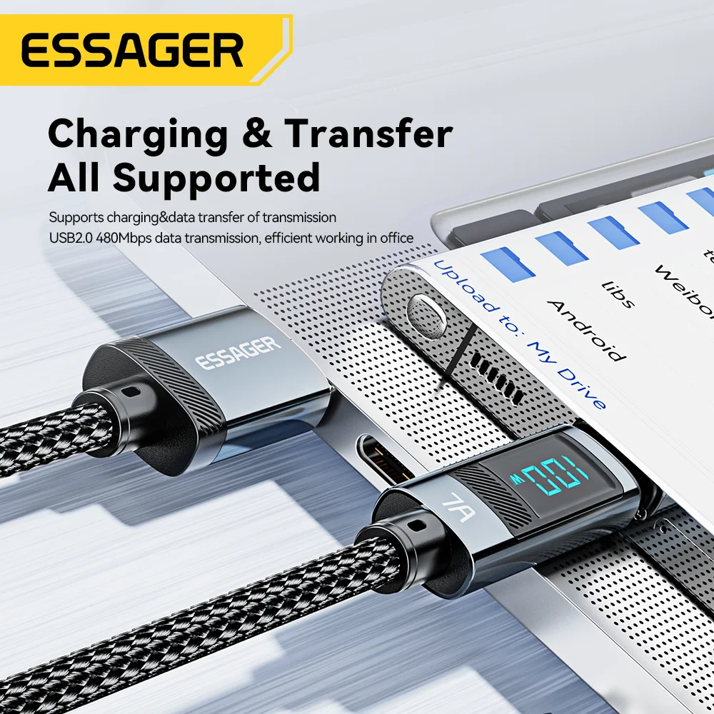 Essager Realme 화웨이 P40 30 프로용 USB C 타입 케이블, 고속 충전 와이어 코드, 삼성 샤오미 포코용 데이터 충전기, 7A, 100W, 66W