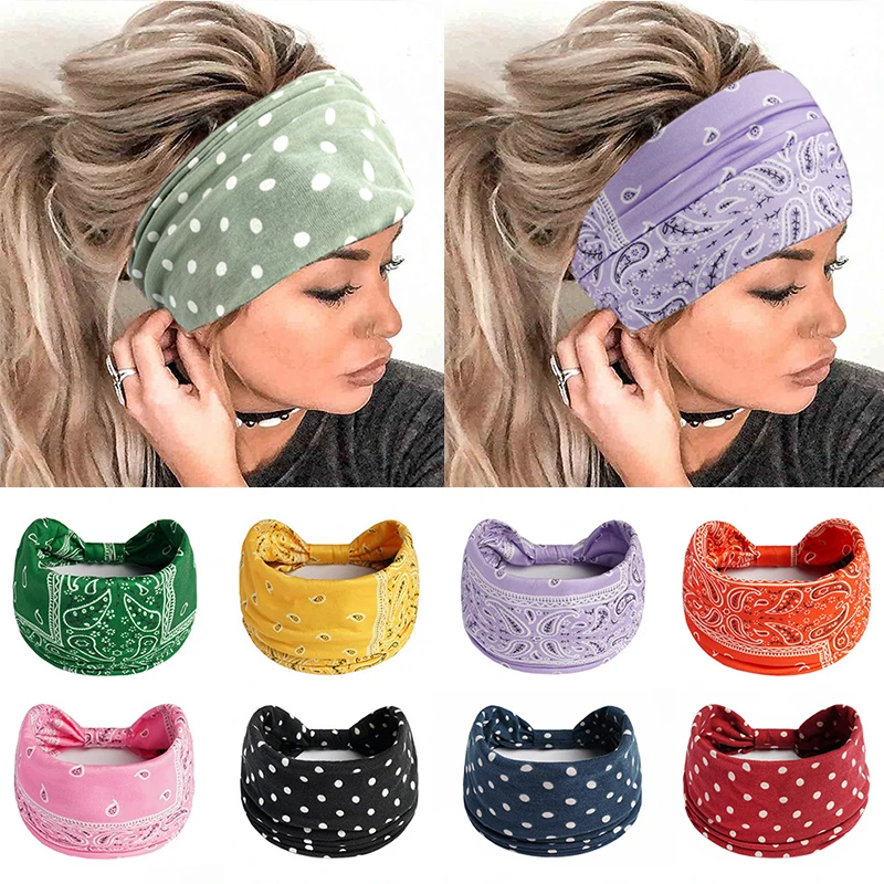 Boho Knot Turbans 요가 탄성 헤드 랩, 여성용 머리띠, 넓은 머리띠, 꽃 반다나, 패션 헤어밴드 액세서리