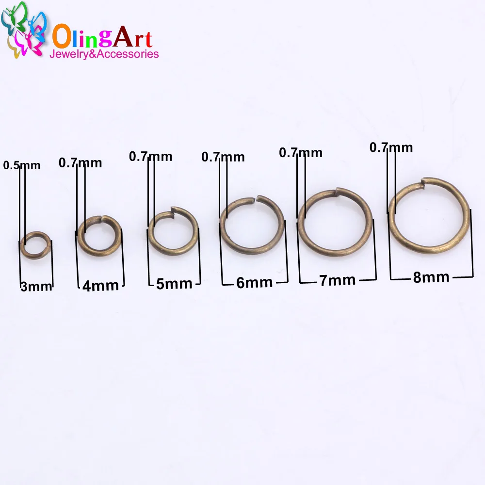 OlingArt 청동 도금 점프 반지 3mm/4mm/5mm/6mm/7mm/8mm 링크 루프 혼합 크기 DIY 쥬얼리 만들기 커넥터 와이어 직경 0.7MM