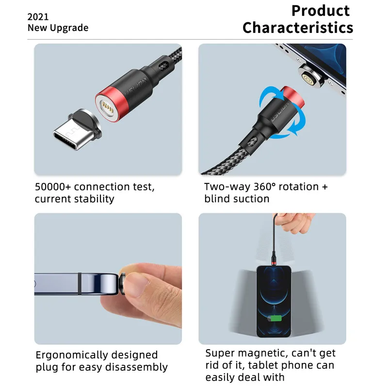 USLION 5A 마그네틱 USB 충전 케이블, USB C 타입 고속 충전 케이블, 아이폰 14 샤오미용 마그넷 마이크로 USB 데이터 충전 와이어 코드