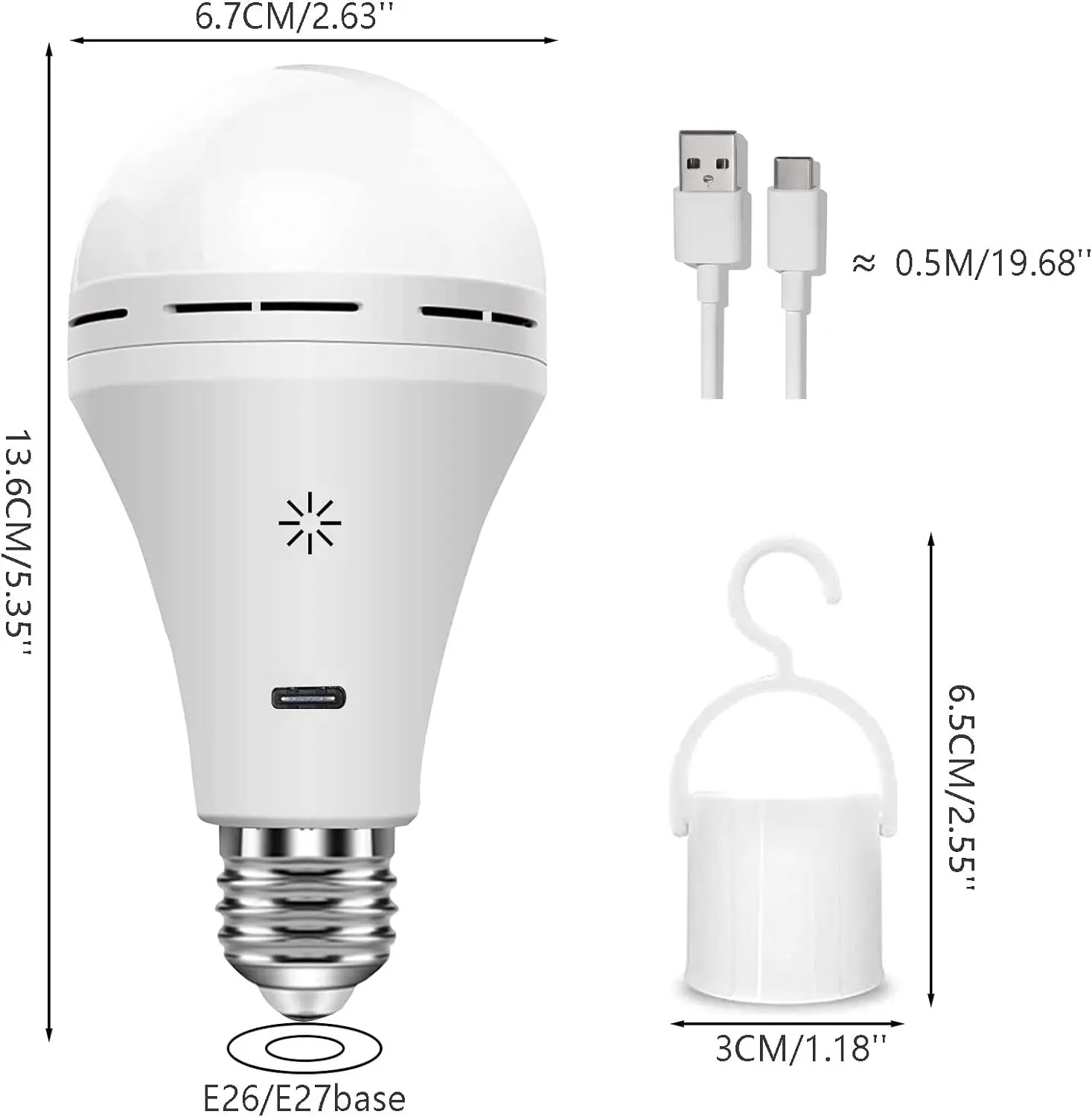 USB-C 충전식 전구, 원격 제어, 스마트 배터리, 전구 터치 제어, 타이밍 조절 가능 LED 전구, 5V, 7W, E27