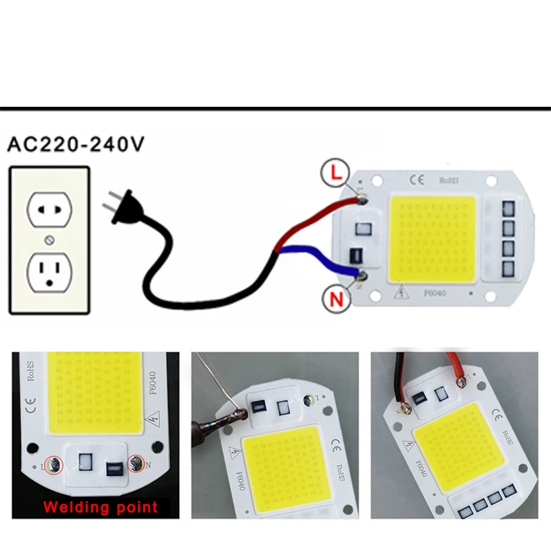 LED 칩 COB 램프, 10W 20W 30W 50W AC 220V 240V IP65 스마트 IC, 드라이버 필요 없음, DIY 투광 조명, LED 전구 스포트라이트, 야외 램프 비드