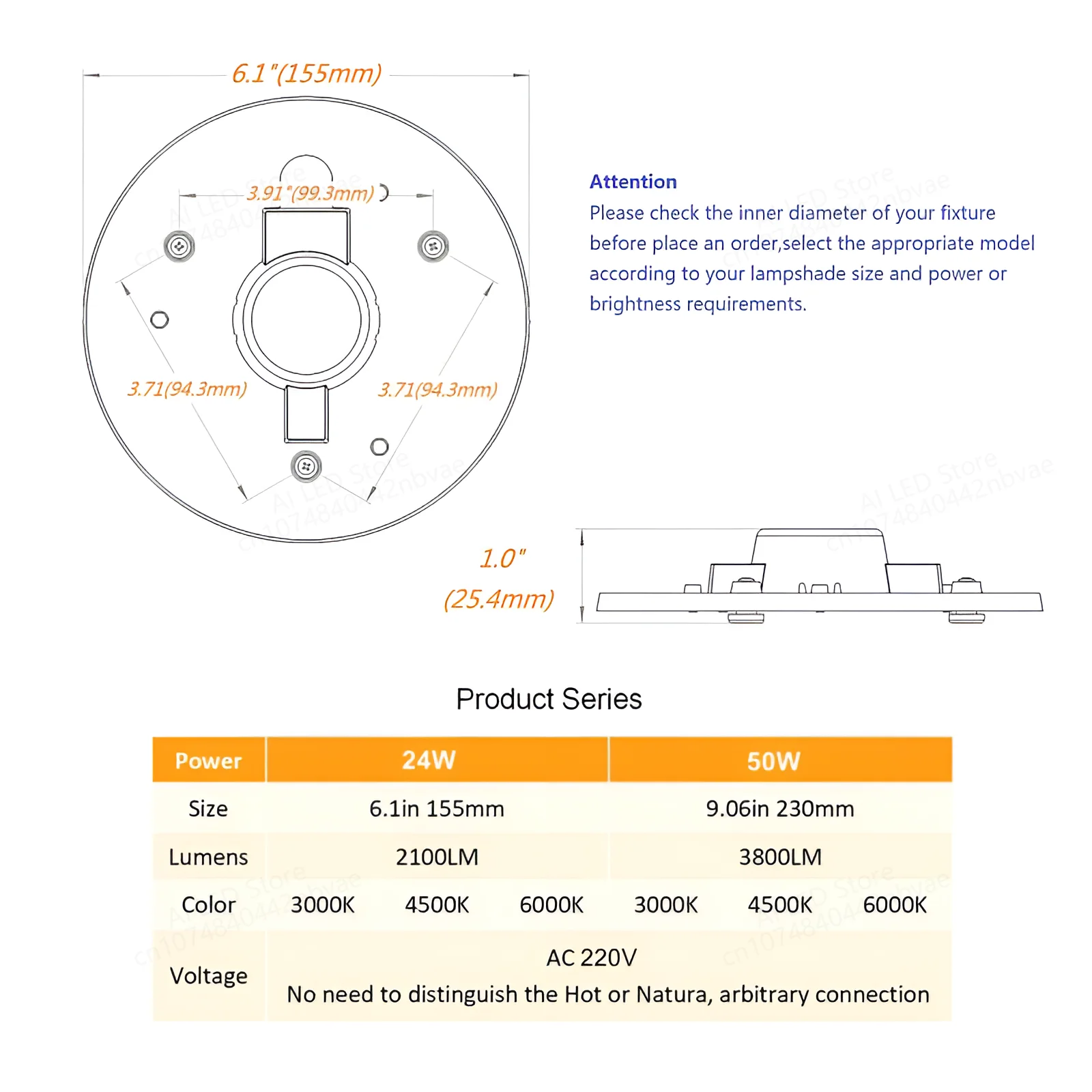 LED 원형 천장 보드 원형 램프 보드, LED 링 패널, 60W, 50W, 36W, 24W, 18W, 12W, AC 220V, 230V, 240V