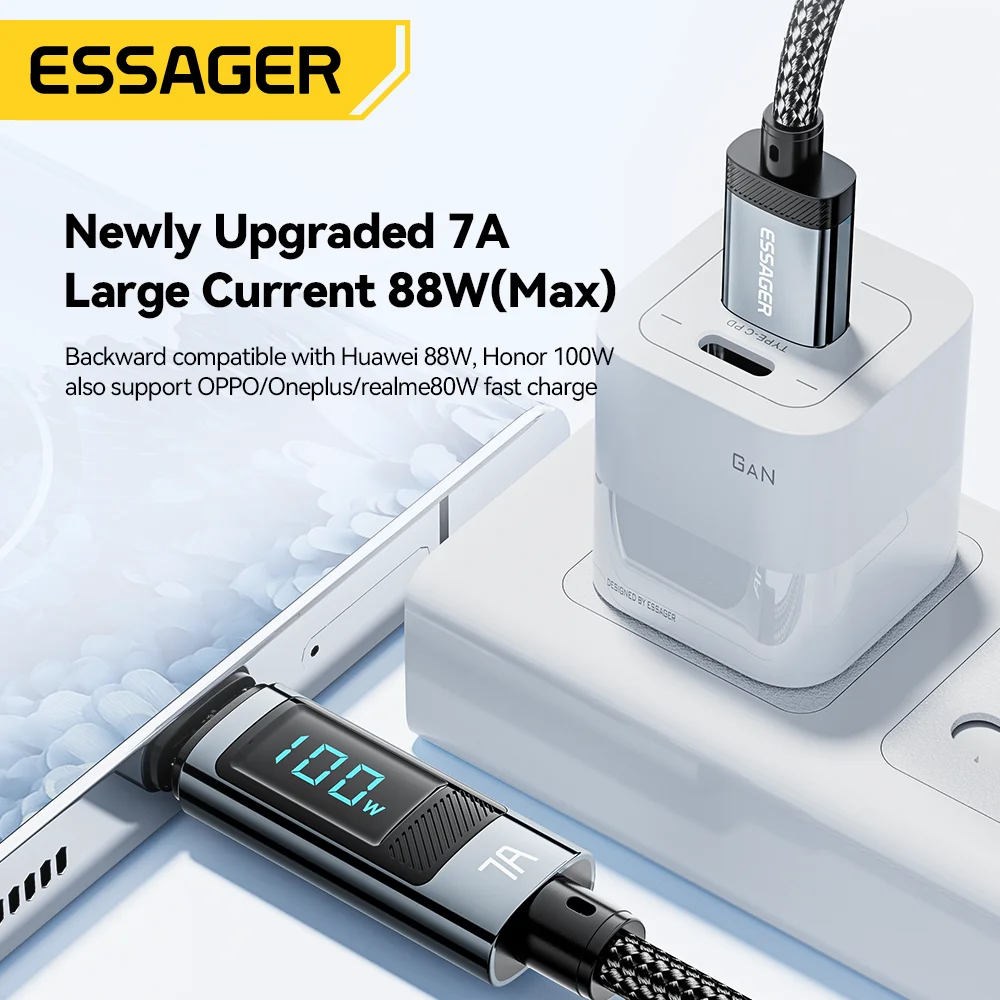 Essager Realme 화웨이 P40 30 프로용 USB C 타입 케이블, 고속 충전 와이어 코드, 삼성 샤오미 포코용 데이터 충전기, 7A, 100W, 66W