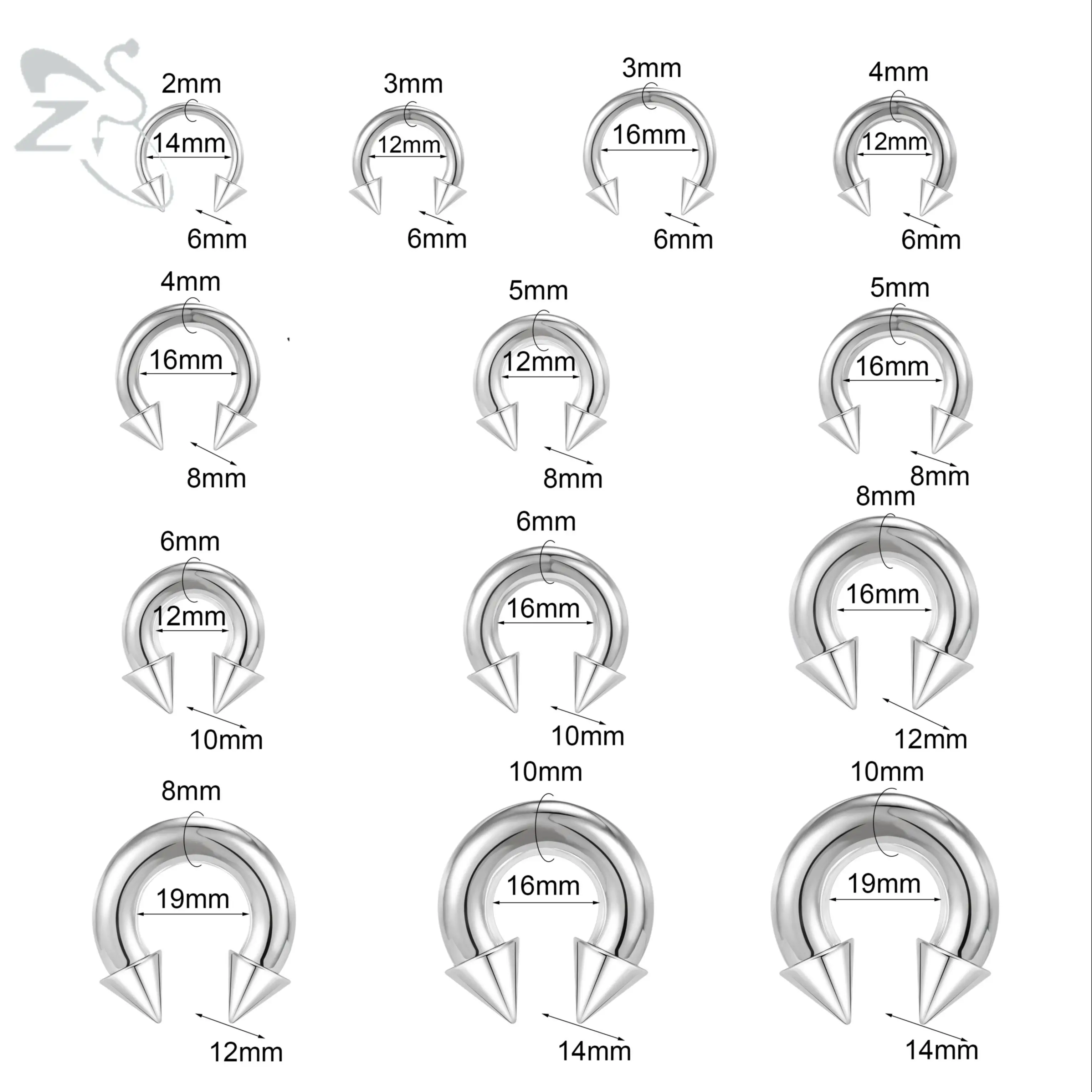 ZS 스파이크 말굽 코 링, 스테인레스 스틸 콘 대형 게이지 피어싱, 내부 나사산 중격 코 귀 확장기, 2G, 4G, 6G, 8G, 1PC