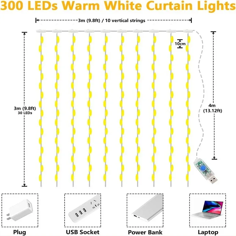 LED 커튼 스트링 조명, 요정 장식, USB 휴일 화환 램프, 홈 가든 크리스마스 파티, 새해 결혼식용, 8 가지 모드, 3M