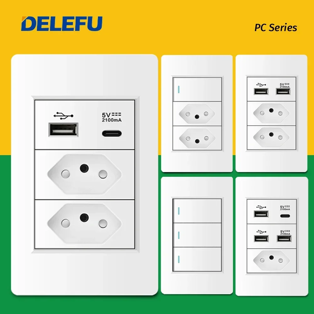 DELEFU 내화성 PC 패널 브라질 표준 콘센트 이중 USB 타입 C 벽 전원 소켓 등 스위치 사무실 118*72mm 흰색 10A 20A title=DELEFU 내화성 PC 패널 브라질 표준 콘센트 이중 USB 타입 C 벽 전원 소켓 등 스위치 사무실 118*72mm 흰색 10A 20A 