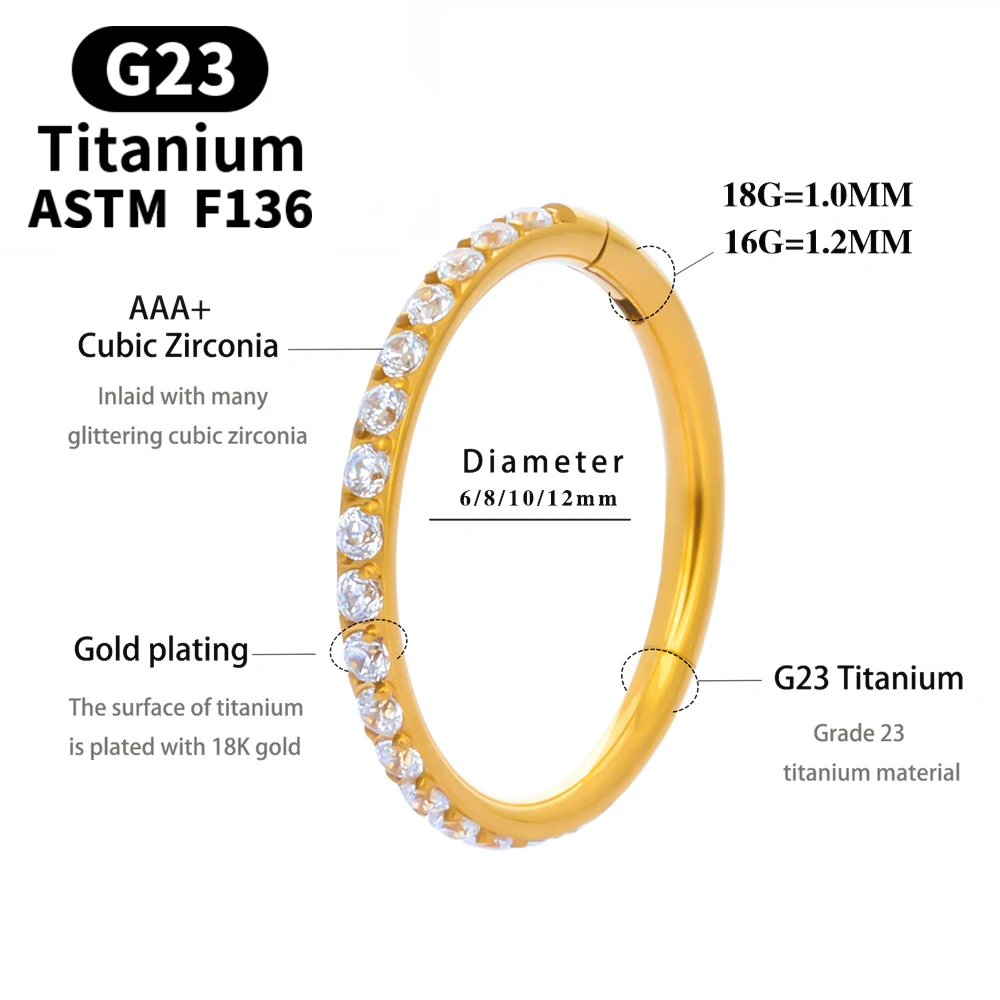티타늄 코 링 격막 클리커 라운드 귀걸이, G23, CZ 힌지 세그먼트, 귀 트라거스 연골, 헬릭스 다이스 피어싱 주얼리, 1/10 개
