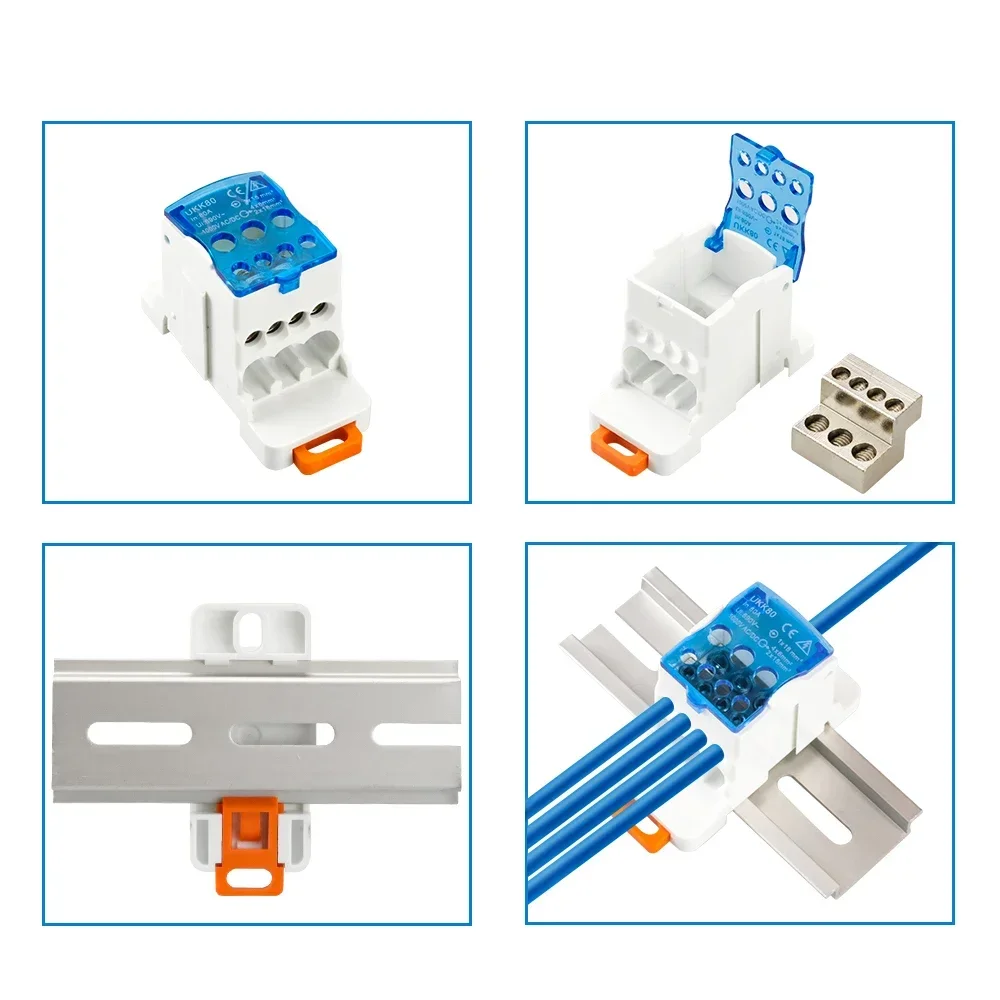 1 개 UKK 80A Din 레일 분배 박스 블록, 일체형 다중 출력 전원 범용 와이어 커넥터 정션 박스 터미널 블록