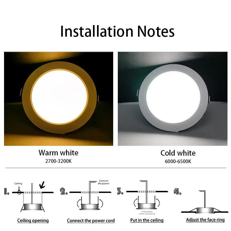 매입형 원형 LED 천장 램프, 패널 조명, 실내 조명, 따뜻하고 차가운 흰색, 5W, 9W, 12W, 15W, 18W, 110V, 220V, DC12V, 24V