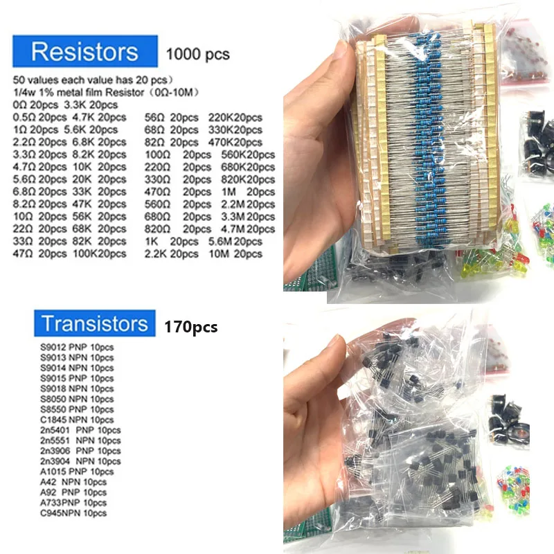 전자 부품 키트 얼티밋 에디션 다양한 일반 커패시터 저항 커패시터 T0-92 LED 트랜지스터 PCB 보드 DIP-IC