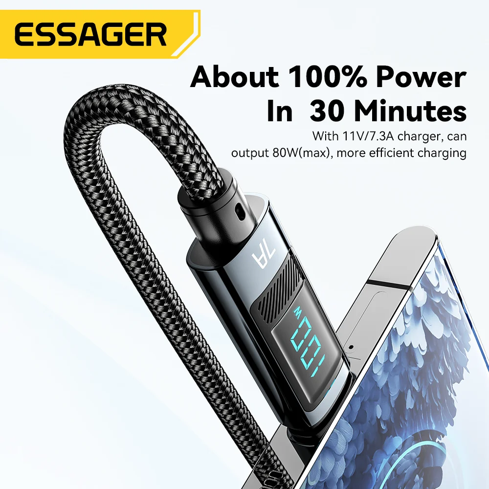 Essager Realme 화웨이 P40 30 프로용 USB C 타입 케이블, 고속 충전 와이어 코드, 삼성 샤오미 포코용 데이터 충전기, 7A, 100W, 66W