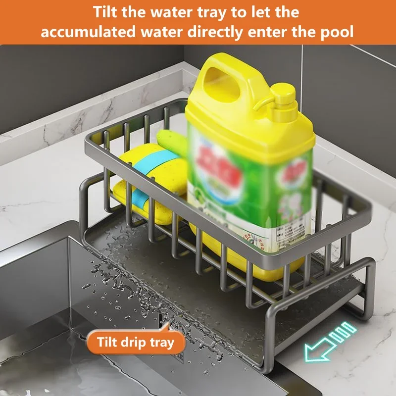주방 싱크대 배수대 정리함, 스테인리스 스틸 자체 배수 싱크대 선반, 비누 스폰지 거치대, 행주 타월 랙, 필터 바구니