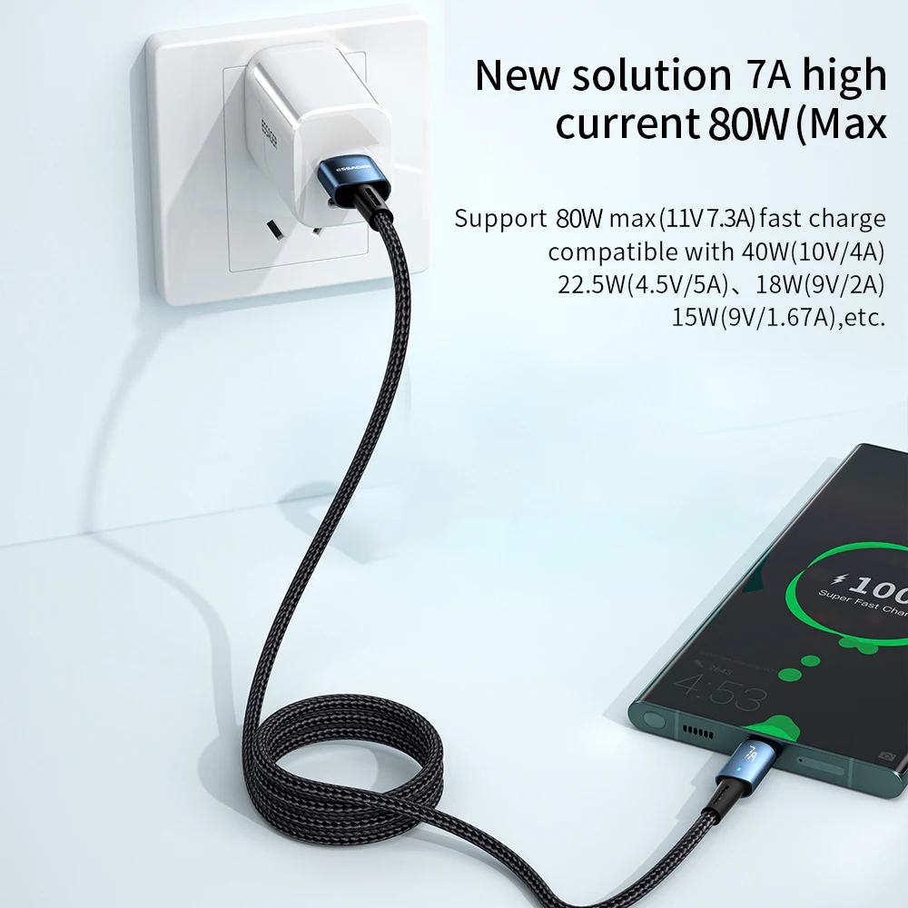 Essager USB C 타입 케이블 고속 충전 와이어, OPPO Oneplus Huawei P40 P30 삼성 Realme USB C 충전기 데이터 코드, 7A 100W, 100W