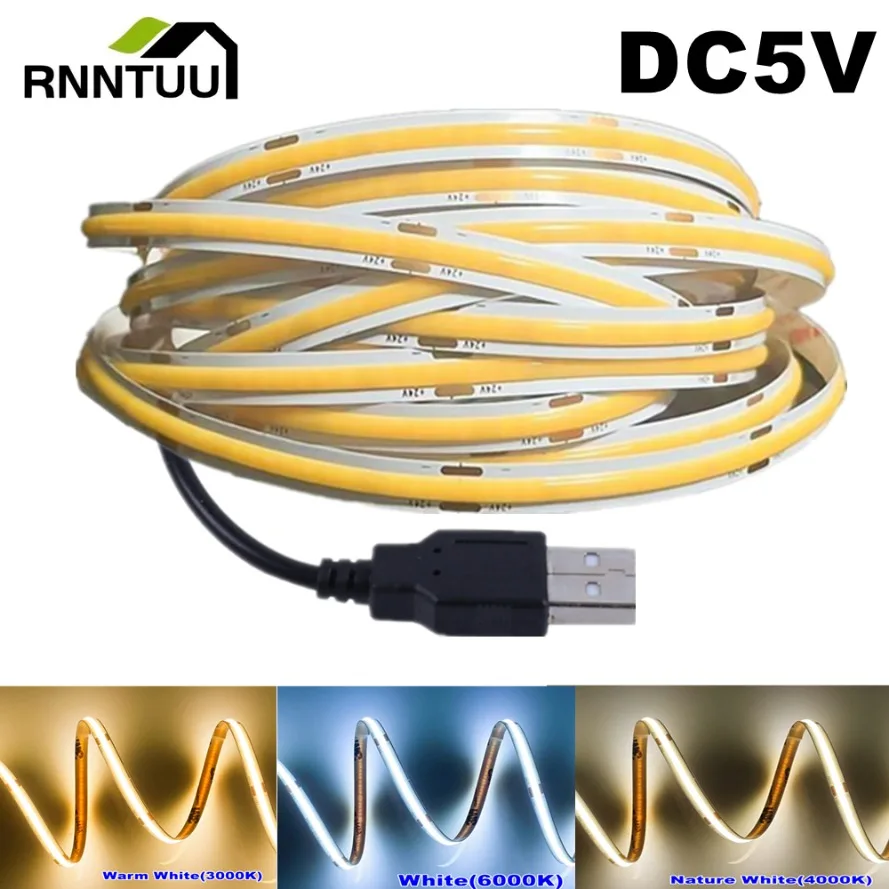 USB 전원 공급 장치가 있는 COB LED 라이트 스트립, 고밀도 유연한 조명, 멀티 컬러 라이트 스트립, DC5V, 320LED/m, 3000K, 4500K, 6500K title=USB 전원 공급 장치가 있는 COB LED 라이트 스트립, 고밀도 유연한 조명, 멀티 컬러 라이트 스트립, DC5V, 320LED/m, 3000K, 4500K, 6500K 