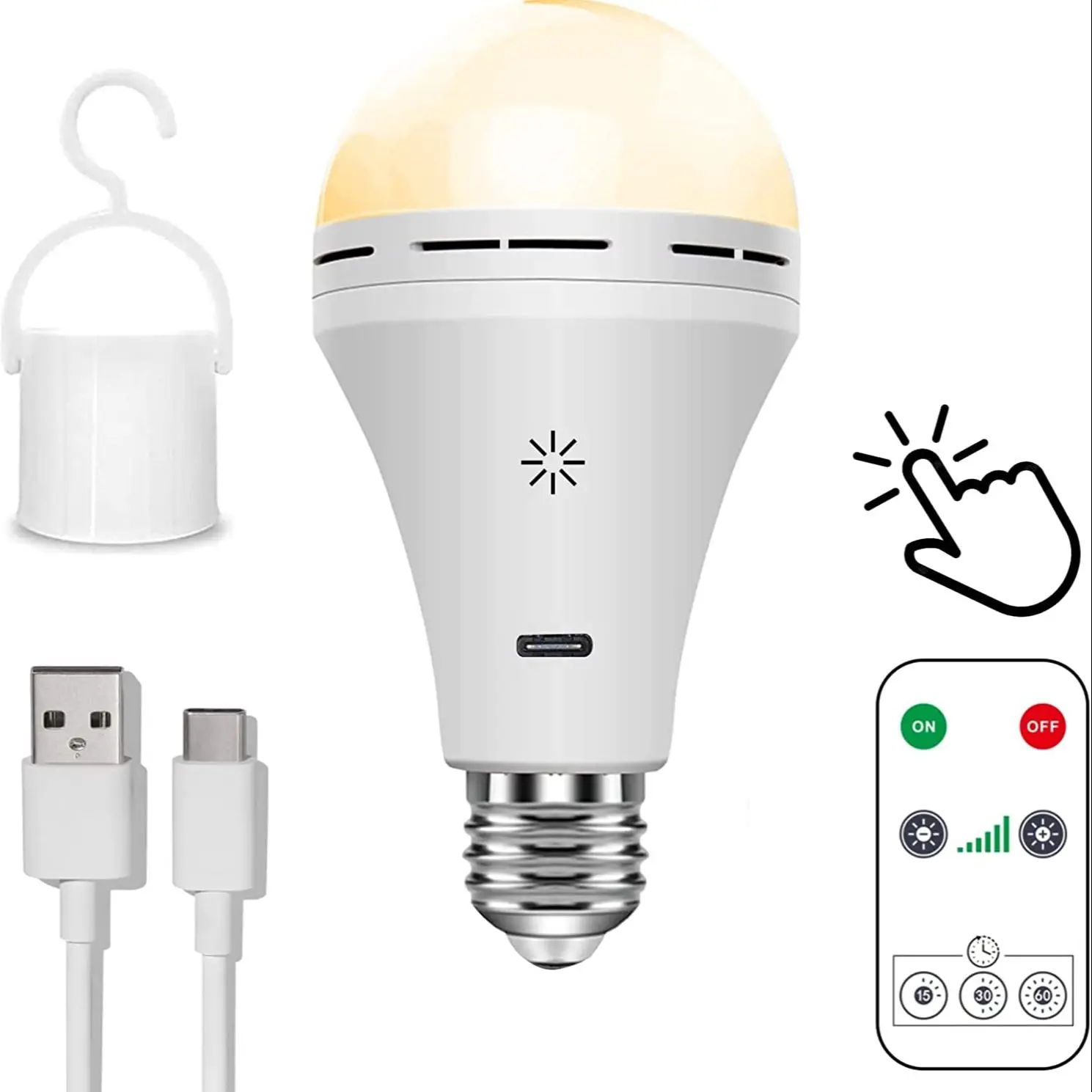 USB-C 충전식 전구, 원격 제어, 스마트 배터리, 전구 터치 제어, 타이밍 조절 가능 LED 전구, 5V, 7W, E27 title=USB-C 충전식 전구, 원격 제어, 스마트 배터리, 전구 터치 제어, 타이밍 조절 가능 LED 전구, 5V, 7W, E27 