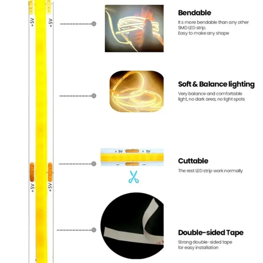 USB 전원 공급 장치가 있는 COB LED 라이트 스트립, 고밀도 유연한 조명, 멀티 컬러 라이트 스트립, DC5V, 320LED/m, 3000K, 4500K, 6500K