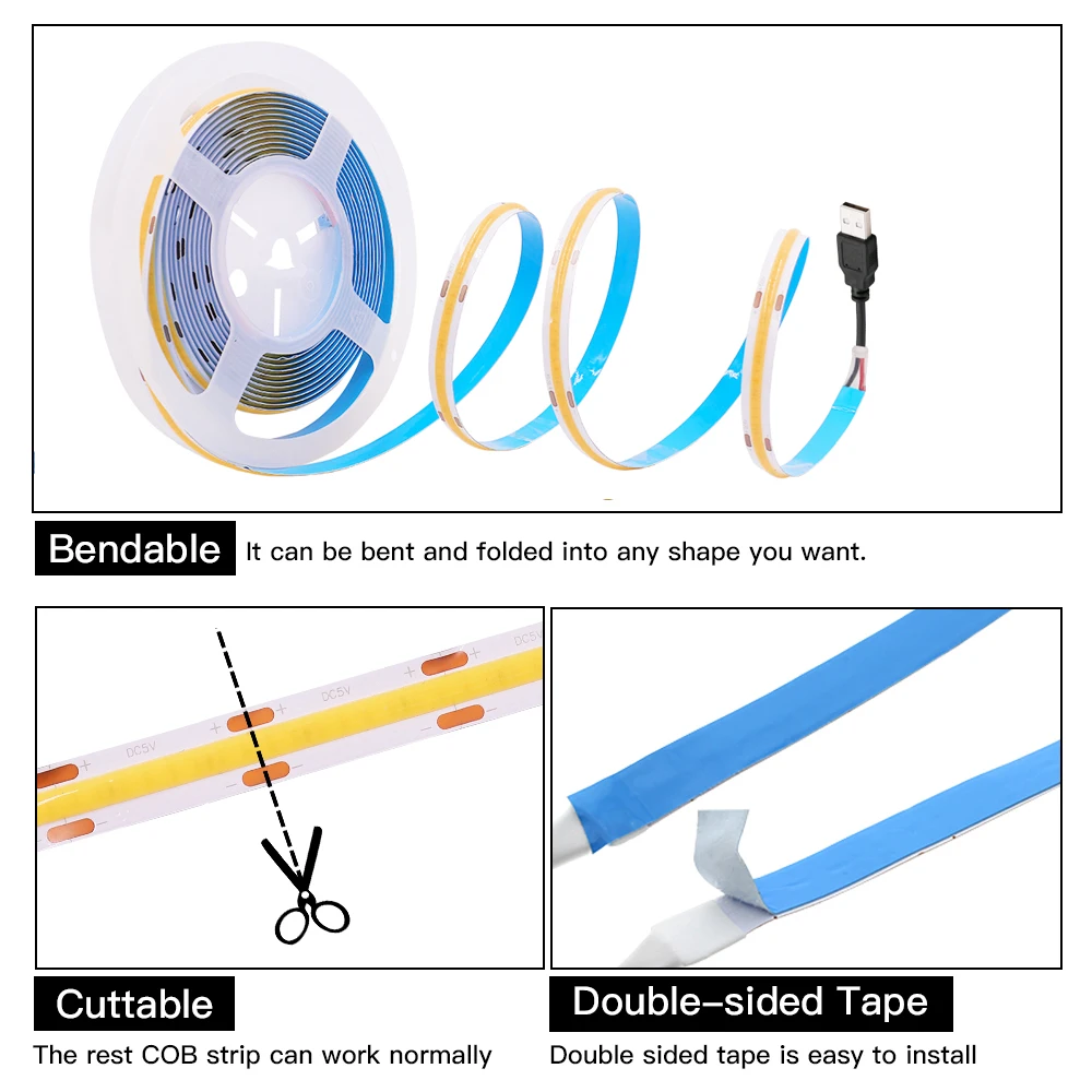 5V 12V 24V COB LED 스트립 고밀도 RA90 320 LED 따뜻한 자연 쿨 화이트 레드 아이스 블루 옐로우 핑크 유연한 리본 선형 조명