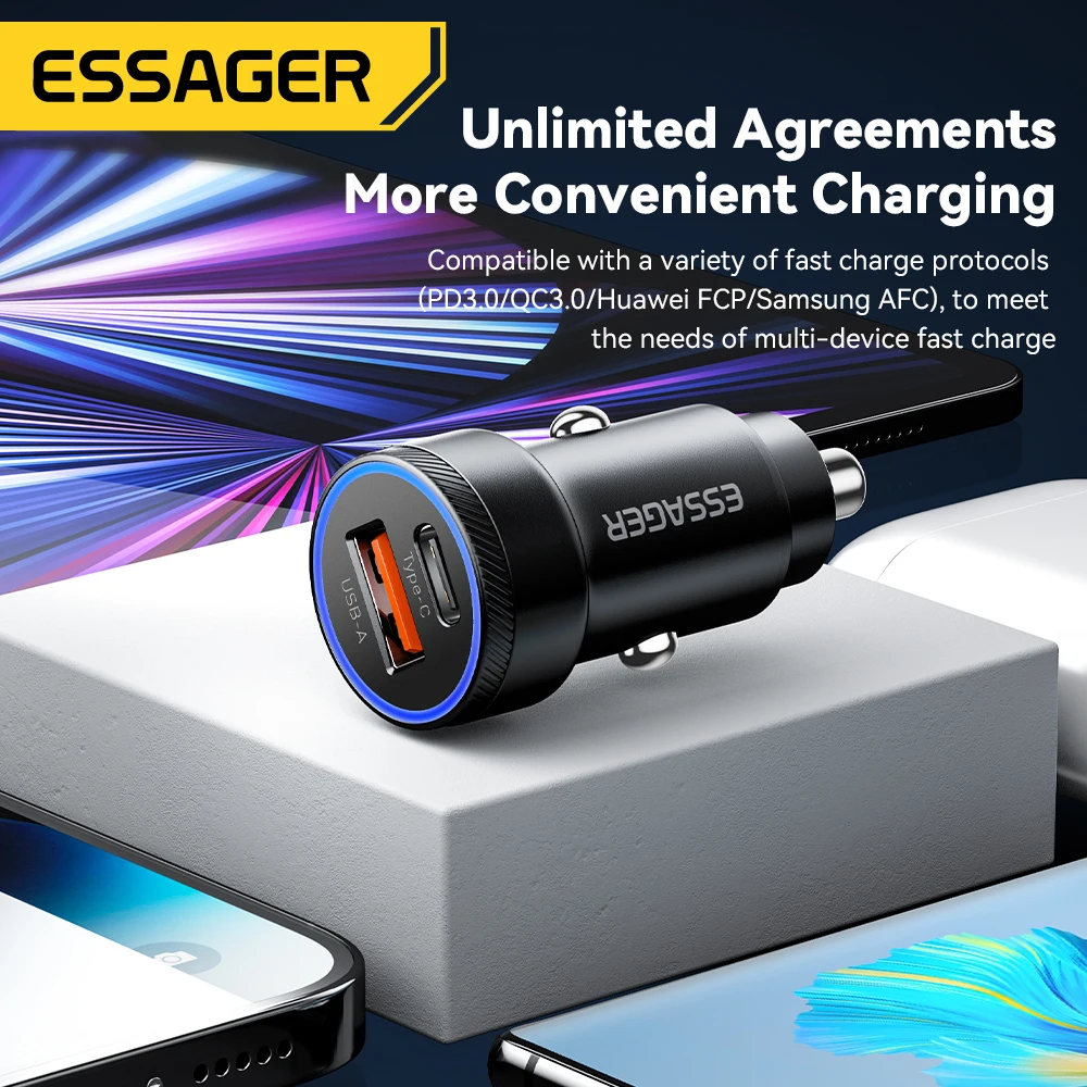 Essager 차량용 USB 휴대폰 충전기 5A 고속 충전 QC 3.0 PD 3.0 SCP AFC, C타입 USB, 아이폰 화웨이 삼성 샤오미