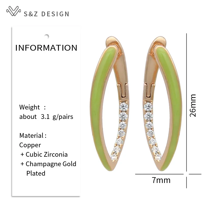 S & Z DESIGN 여성용 골드 컬러 그린 에나멜 댕글 귀걸이, 웨딩 파티 큐빅 주얼리, 새로운 패션