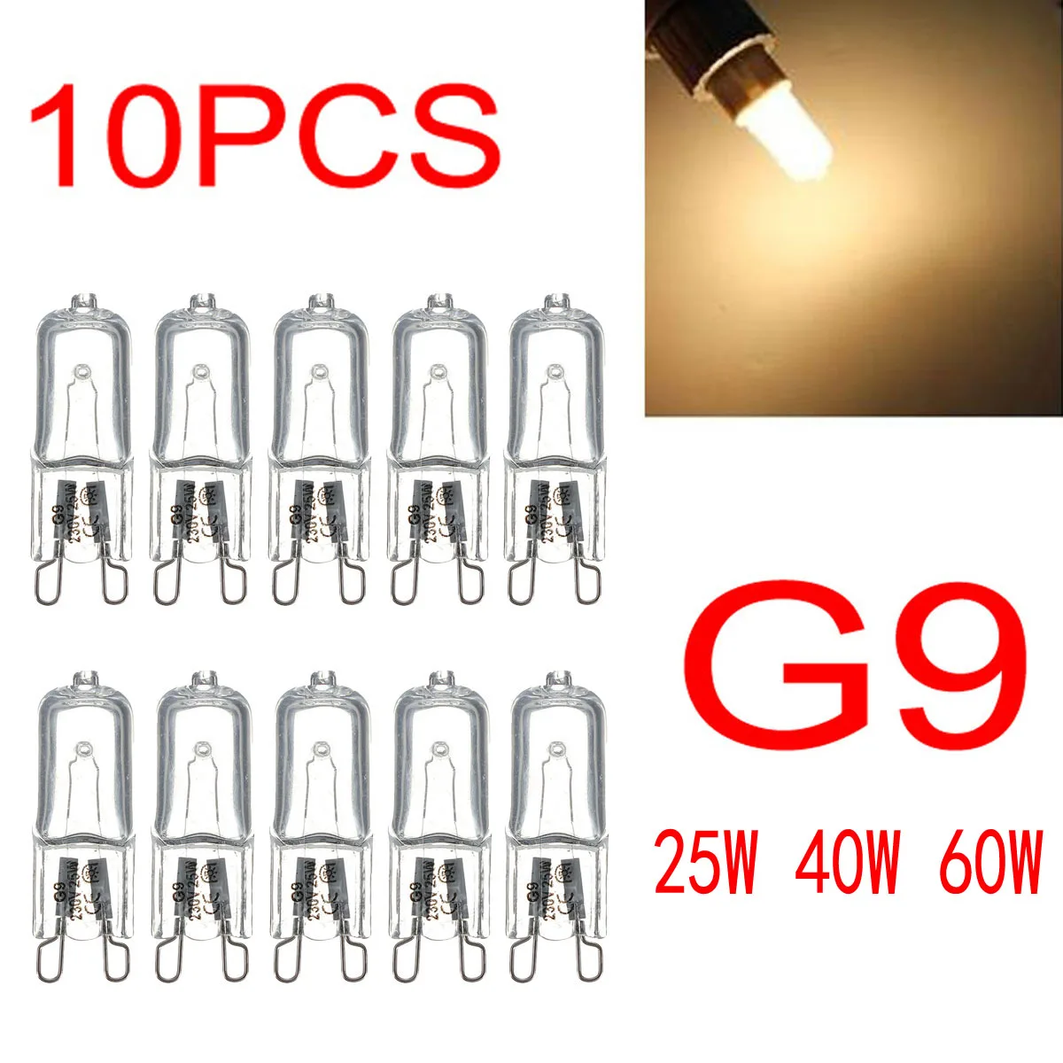 휴대용 웜 화이트 할로겐 전구 램프, G9, 220-240V, 25W, 40W, 60W, 3000-3500K, 글로브 230V 캡슐 투명 전구, 10 개/로트 title=휴대용 웜 화이트 할로겐 전구 램프, G9, 220-240V, 25W, 40W, 60W, 3000-3500K, 글로브 230V 캡슐 투명 전구, 10 개/로트 