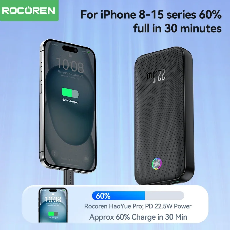 Rocoren 보조배터리 QC PD 3.0, 고속 충전 보조베터리, 휴대용 10000mAh 외장 배터리, 아이폰 16 샤오미, 22.5W, 20000mAh, 35W