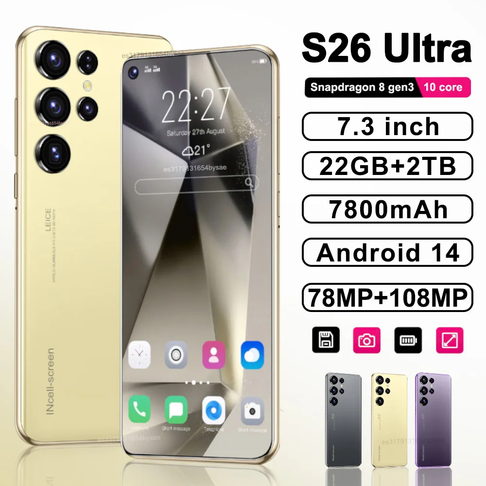 정품 S26 울트라 스마트폰 5G 7.3 인치 HD 22G + 2TB 휴대폰, 듀얼 SIM 휴대폰, 78 + 108MP, 7800mAh, 안드로이드 14, NFC 잠금 해제 title=정품 S26 울트라 스마트폰 5G 7.3 인치 HD 22G + 2TB 휴대폰, 듀얼 SIM 휴대폰, 78 + 108MP, 7800mAh, 안드로이드 14, NFC 잠금 해제 