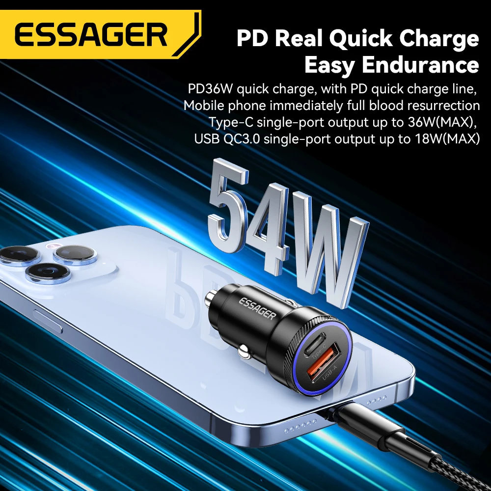 Essager 차량용 USB 휴대폰 충전기 5A 고속 충전 QC 3.0 PD 3.0 SCP AFC, C타입 USB, 아이폰 화웨이 삼성 샤오미