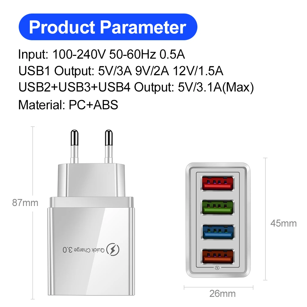 EU/US 플러그 USB 충전기 고속 충전 3.0, 아이폰 15 프로 맥스 태블릿용 휴대폰 어댑터, 휴대용 벽 모바일 충전기