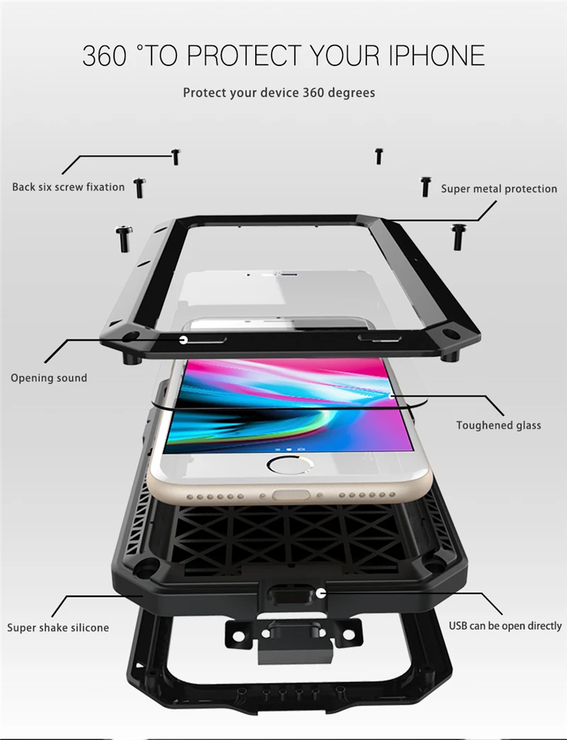 아이폰 7 8 플러스 XR X Xs 11 12 13 프로 맥스 14 15 플러스 SE SE2 용 헤비 듀티 보호 케이스, 360 금속 탱크 충격 방지 커버